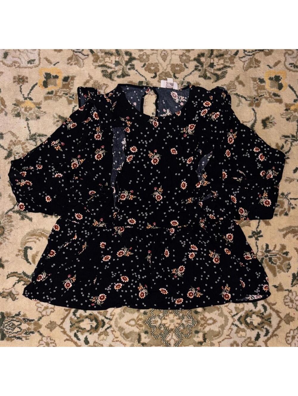 Loft Outlet Cottagecore Ruffled Shoulder Peplum Floral Black Blouse Office Work